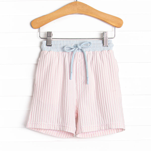 Sandy Shore Seersucker Swim Trunks, Blue and Pink