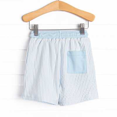 Sandy Shore Seersucker Swim Trunks, Blue