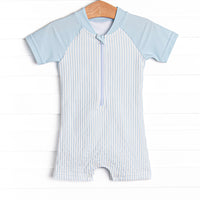 Sandy Shore Seersucker One Piece Rash Guard, Blue