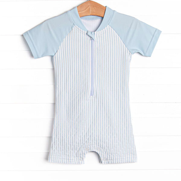 Sandy Shore Seersucker One Piece Rash Guard, Blue
