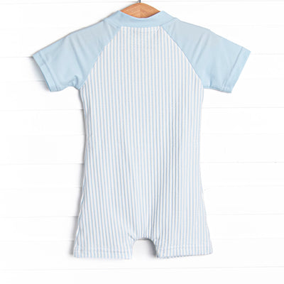 Sandy Shore Seersucker One Piece Rash Guard, Blue