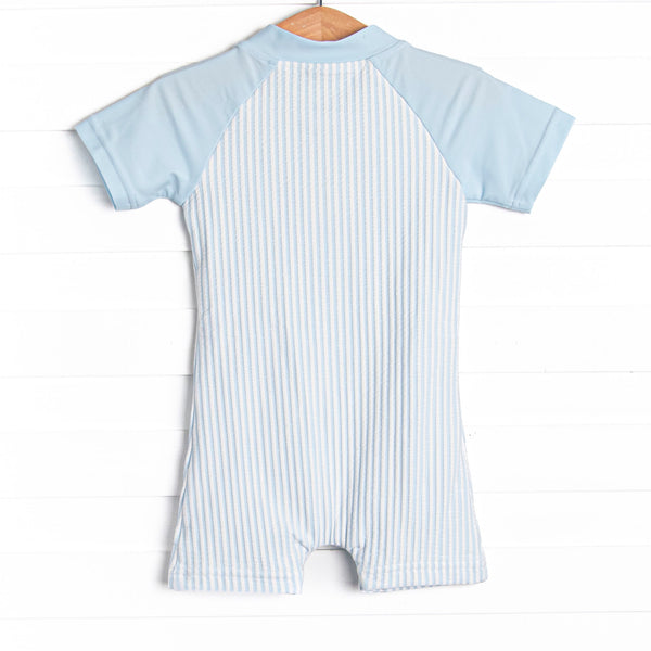 Sandy Shore Seersucker One Piece Rash Guard, Blue