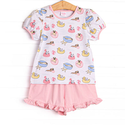 Pool Day Pooch Ruffle Short Set, Pink
