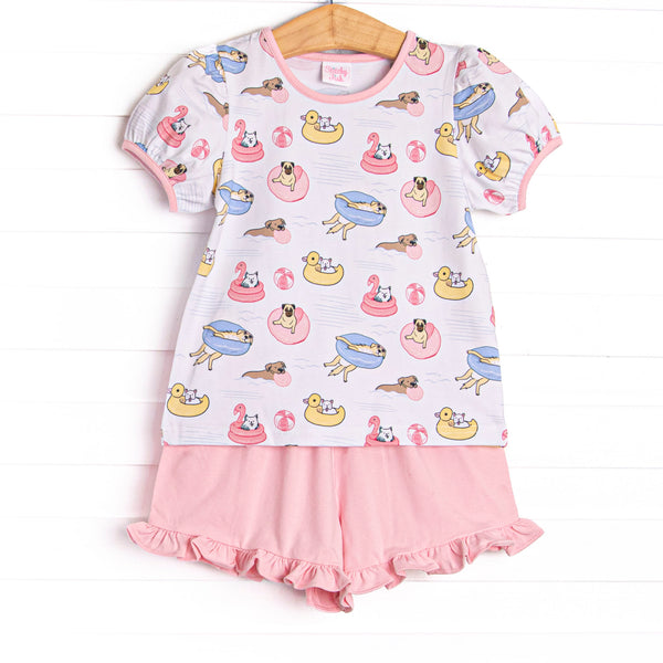 Pool Day Pooch Ruffle Short Set, Pink