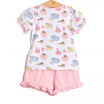 Pool Day Pooch Ruffle Short Set, Pink