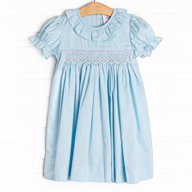 Girl's Bud and Bloom Smocked Dress in Blue Size 24M | Stitchy Fish