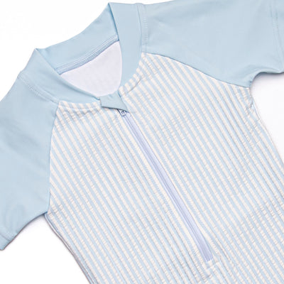 Sandy Shore Seersucker One Piece Rash Guard, Blue