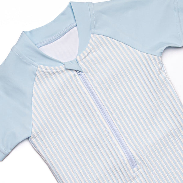 Sandy Shore Seersucker One Piece Rash Guard, Blue