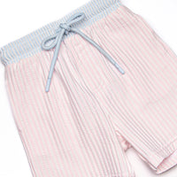 Sandy Shore Seersucker Swim Trunks, Blue and Pink