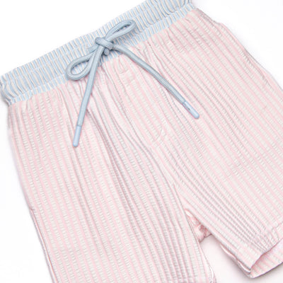 Sandy Shore Seersucker Swim Trunks, Blue and Pink