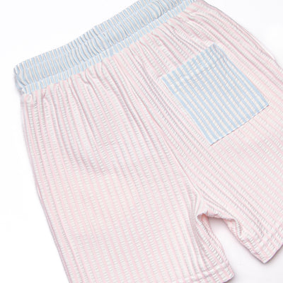 Sandy Shore Seersucker Swim Trunks, Blue and Pink