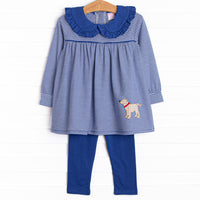 This set features a blue striped print, a blue ruffle collar, and a puppy applique. Coordinating blue leggings to match.