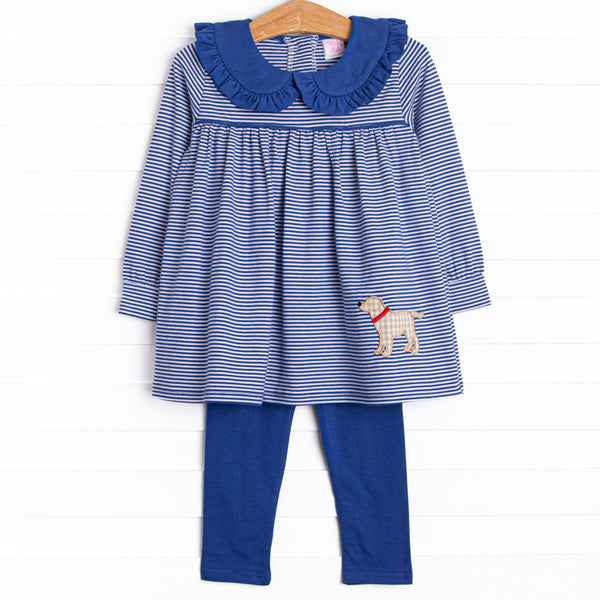 This set features a blue striped print, a blue ruffle collar, and a puppy applique. Coordinating blue leggings to match.