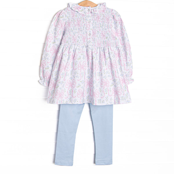 Silken Petals Elastic Smocked Ruffle Neck Legging Set, Blue