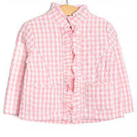Quilted details, pink check fabric, a full-length zipper for easy use and front pockets to keep little hands warm.