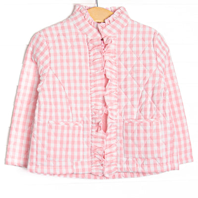 Quilted details, pink check fabric, a full-length zipper for easy use and front pockets to keep little hands warm.