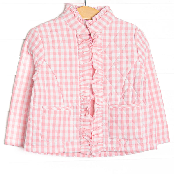 Quilted details, pink check fabric, a full-length zipper for easy use and front pockets to keep little hands warm.