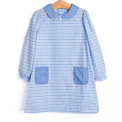 Powder Blue Plaid Pocket Dress, Blue