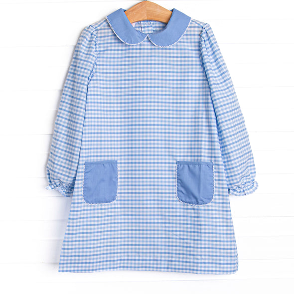 Powder Blue Plaid Pocket Dress, Blue