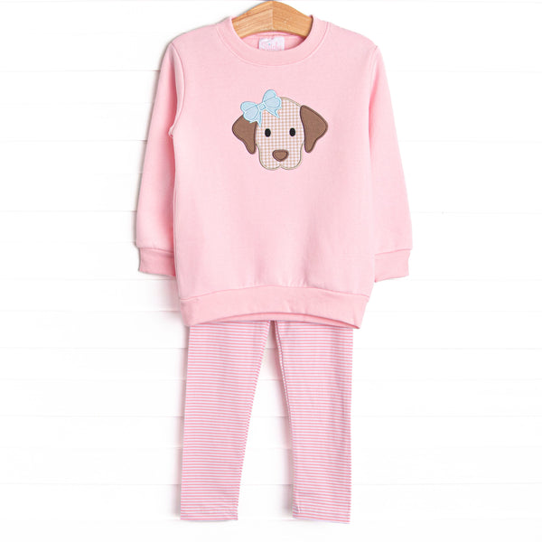 This set features a pink sweatshirt with a puppy applique and pink striped leggings to match.