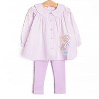 This set features purple gingham fabric, a Peter Pan collar, a little girl applique, and front buttons. Coordinating purple leggings to match.
