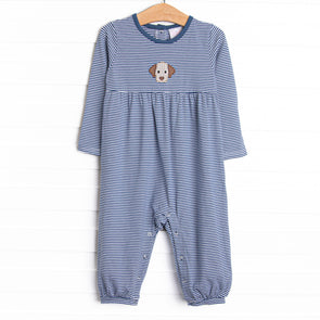 Furry Ear Friend Applique Romper, Navy Stripe
