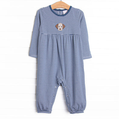Furry Ear Friend Applique Romper, Navy Stripe