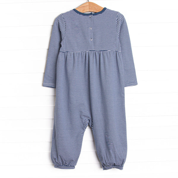 Furry Ear Friend Applique Romper, Navy Stripe