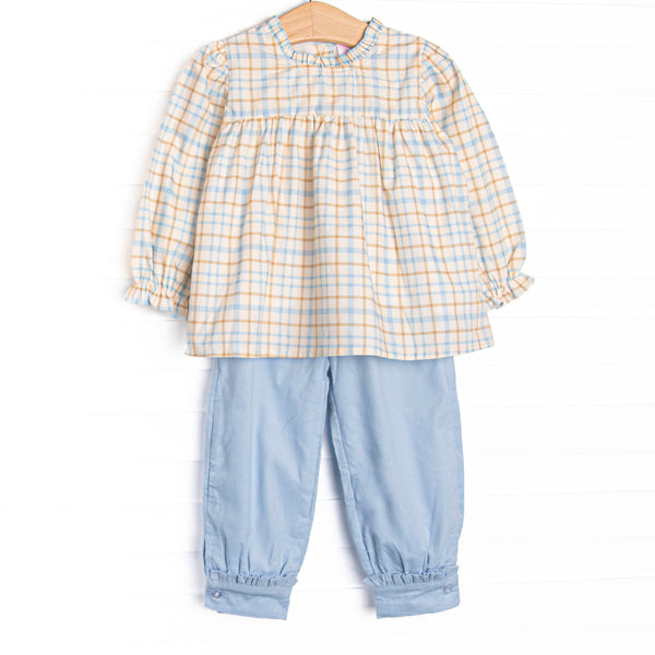 This set features a blue plaid print top with a dainty smocking and blue corduroy pants to match.