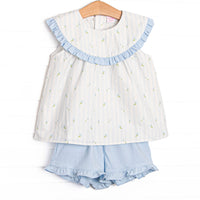 This set features features blue floral and striped print, a blue ruffle edged bib collar, and blue ruffle shorts to match.