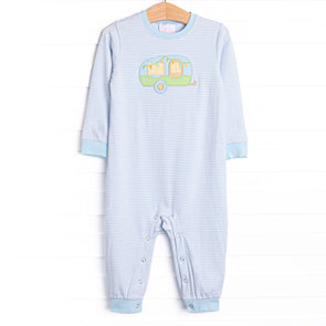 Caravan Camper Applique Romper, Blue Stripe