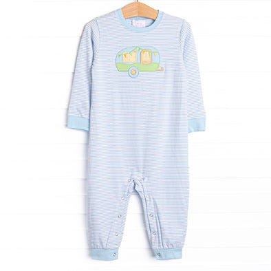 Caravan Camper Applique Romper, Blue Stripe