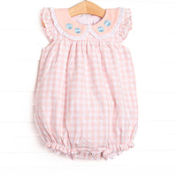  This bubble features a pink check print, flutter sleeves, and&nbsp; a ruffle peter pan collar with floral embroidery.