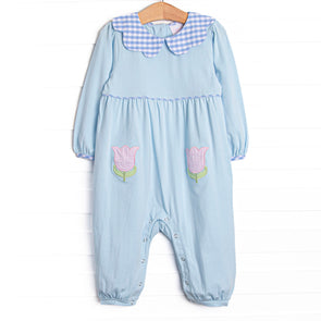 Two Tulips Applique Romper, Blue