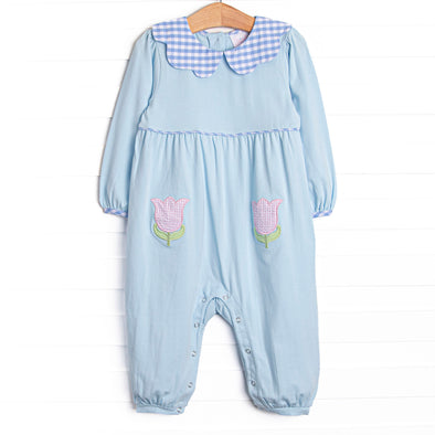 Two Tulips Applique Romper, Blue