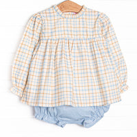  This set features a blue plaid print top with a dainty smocking and a blue corduroy diaper cover to match. 