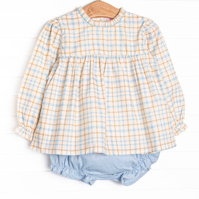  This set features a blue plaid print top with a dainty smocking and a blue corduroy diaper cover to match. 