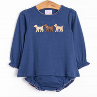 This set features a navy blue knit material, pink ric rac trim, and puppy appliques.