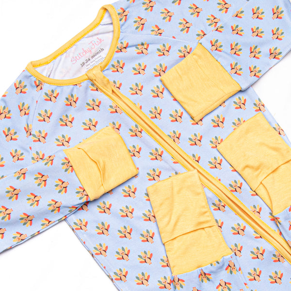 Tiny Turkeys Bamboo Zippy Pajama, Blue