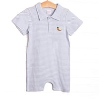  This precious romper features blue stripes, a mallard embroidery, and the softest pima cotton. 