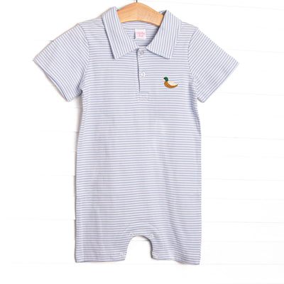  This precious romper features blue stripes, a mallard embroidery, and the softest pima cotton. 