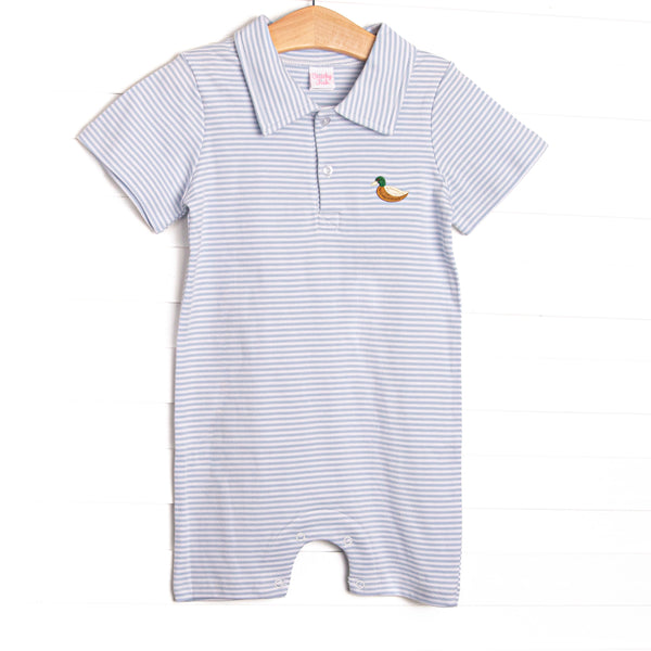  This precious romper features blue stripes, a mallard embroidery, and the softest pima cotton. 