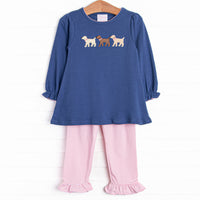  This set features a navy blue knit material, pink ric rac trim, and puppy appliques. Coordinating pink striped ruffle leggings to match. 