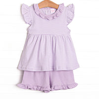  The set features our incredibly soft pima cotton, purple striped, and purple ruffle shorts. 