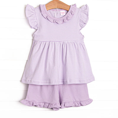  The set features our incredibly soft pima cotton, purple striped, and purple ruffle shorts. 