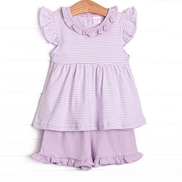  The set features our incredibly soft pima cotton, purple striped, and purple ruffle shorts. 