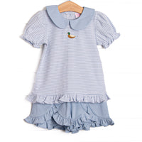  This precious set features blue stripes, a mallard embroidery, and the softest pima cotton. 