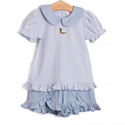  This precious set features blue stripes, a mallard embroidery, and the softest pima cotton. 