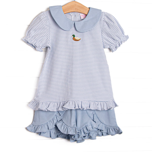  This precious set features blue stripes, a mallard embroidery, and the softest pima cotton. 
