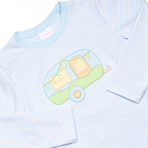Caravan Camper Applique Top, Blue Stripe